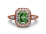 Rose gold Fancy Green Radiant  Halo Diamond Split Shank Ring with Milgrain Detail_48