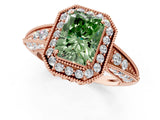 Rose gold Fancy Green Radiant  Halo Diamond Split Shank Ring with Milgrain Detail_49