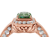 Rose gold Fancy Green Radiant  Halo Diamond Split Shank Ring with Milgrain Detail_52