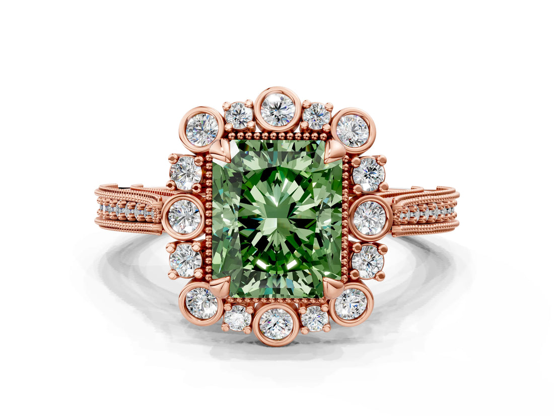 Rose gold Fancy Green Radiant  Halo Milgrain Pave Diamond Ring with Four-Prong Setting 1