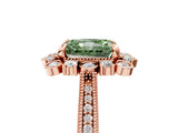 Rose gold Fancy Green Radiant  Halo Milgrain Pave Diamond Ring with Four-Prong Setting