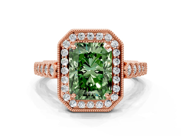 Rose gold Fancy Green Radiant  Halo Milgrain Solitaire with Bezel Set Side Stones and Pave Band