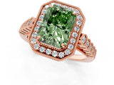 Rose gold Fancy Green Radiant  Halo Milgrain Solitaire with Bezel Set Side Stones and Pave Band_33