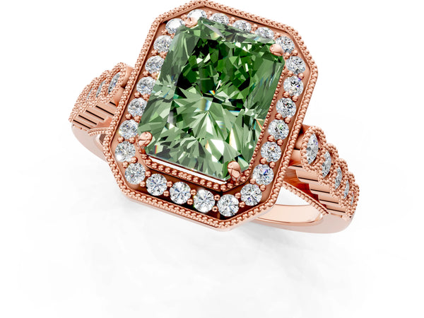 Rose gold Fancy Green Radiant  Halo Milgrain Solitaire with Bezel Set Side Stones and Pave Band