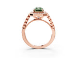 Rose gold Fancy Green Radiant  Halo Milgrain Solitaire with Bezel Set Side Stones and Pave Band_35