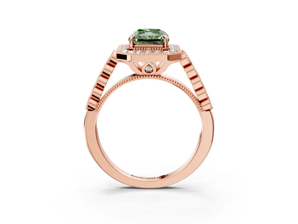 Rose gold Fancy Green Radiant  Halo Milgrain Solitaire with Bezel Set Side Stones and Pave Band