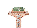 Rose gold Fancy Green Radiant  Halo Milgrain Solitaire with Bezel Set Side Stones and Pave Band_37