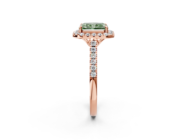 Rose gold Fancy Green Radiant  Halo Pavé Diamond Engagement Ring with Four-Prong Setting