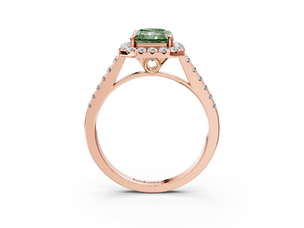 Rose gold Fancy Green Radiant  Halo Pavé Diamond Engagement Ring with Four-Prong Setting