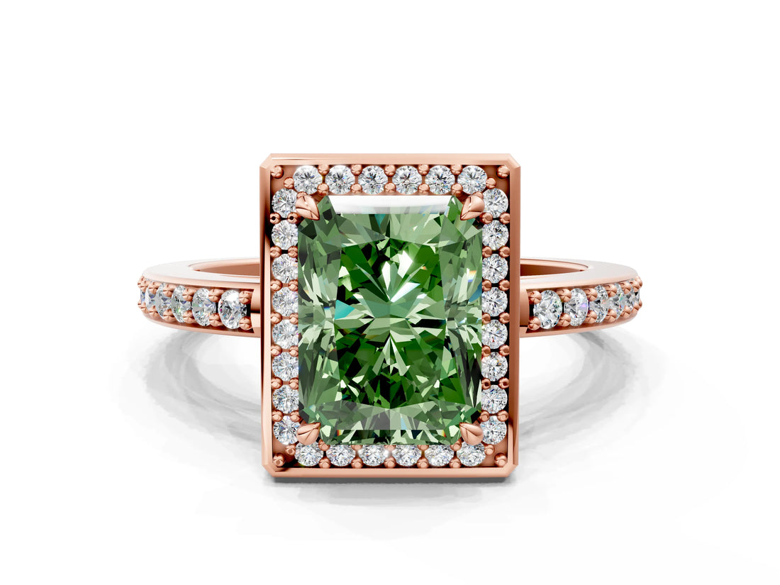 Rose gold Fancy Green Radiant  Halo Pave Band Solitaire Ring with Prong Setting_66