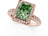 Rose gold Fancy Green Radiant  Halo Pave Band Solitaire Ring with Prong Setting_67