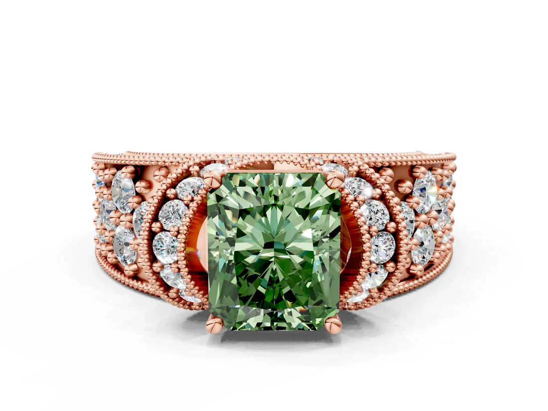 Rose gold Fancy Green Radiant  Halo Pave Diamond Engagement Ring with Milgrain Detailing_49
