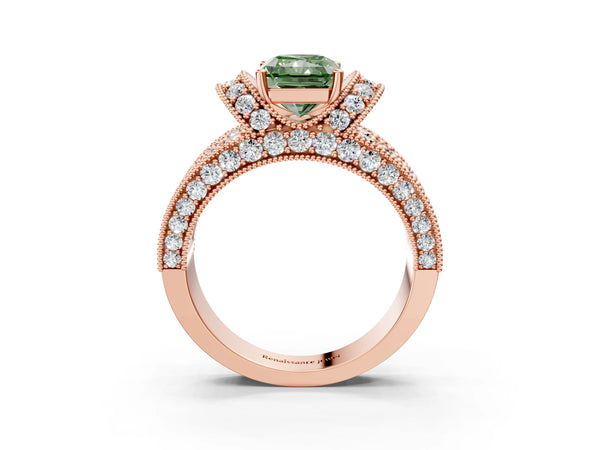 Rose Gold Radiant Cut Vintage Milgrain Pave Engagement Ring Setting for Fancy Green Center