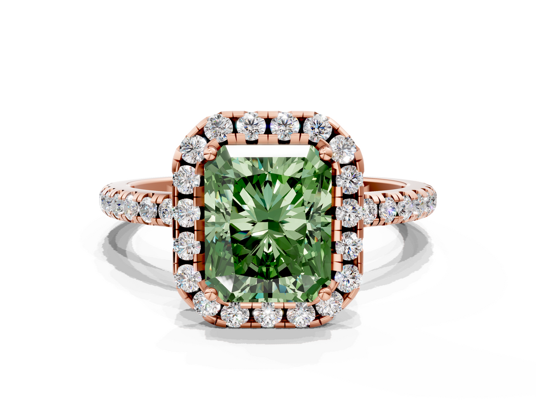 Rose gold Fancy Green Radiant  Halo Round Diamond Pavé Band Four-Prong Ring_3