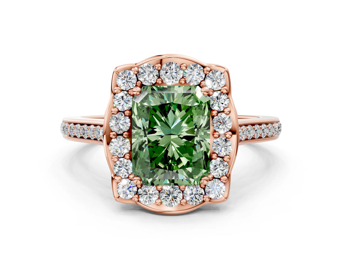 Rose gold Fancy Green Radiant  Halo Round Diamond Pave Band with Four-Prong Setting_38