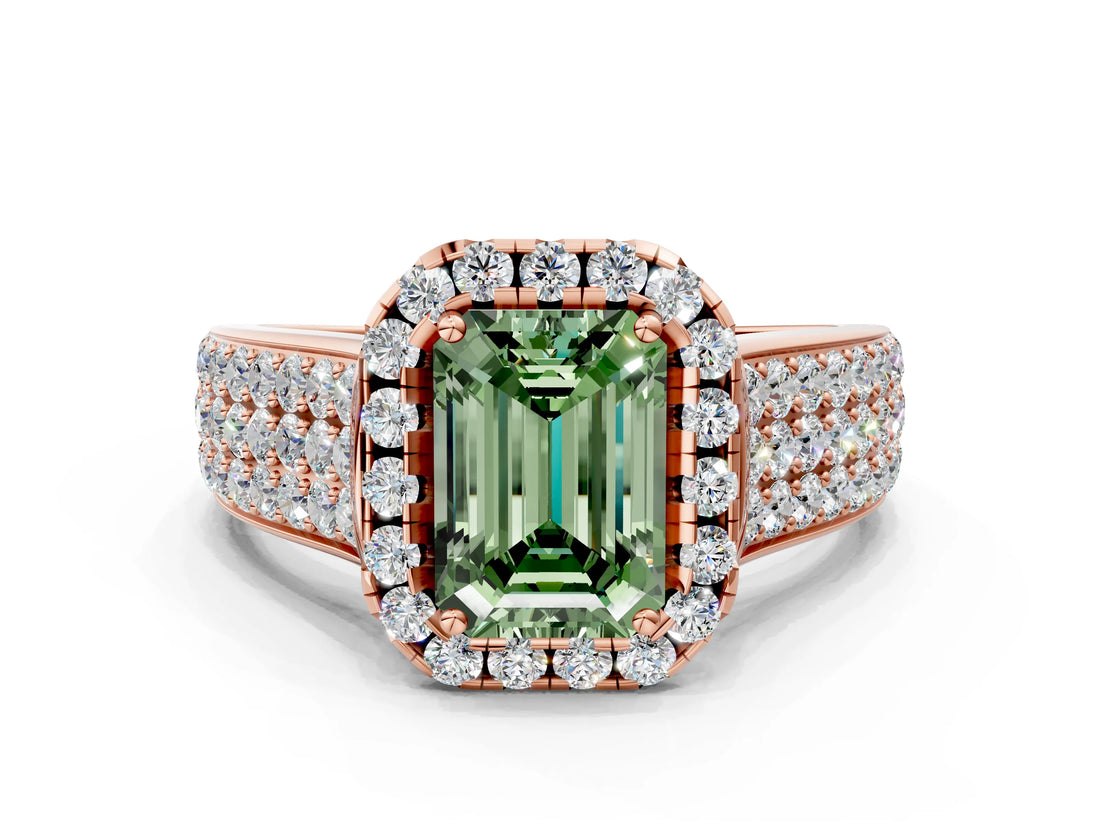 Rose gold Fancy Green Radiant  Halo Round Diamond Pave Band with Prong Setting