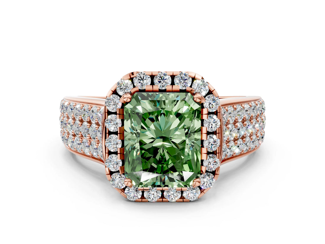 Rose gold Fancy Green Radiant  Halo Round Diamond Pave Band with Prong Setting_55