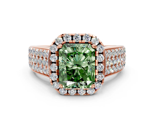 Rose gold Fancy Green Radiant  Halo Round Diamond Pave Band with Prong Setting