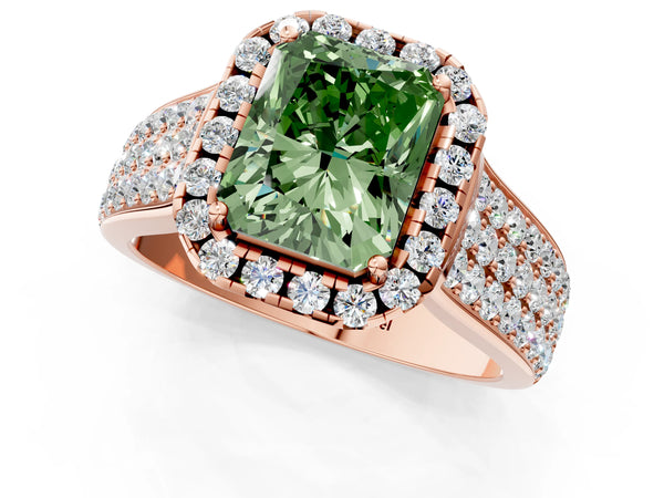 Rose gold Fancy Green Radiant  Halo Round Diamond Pave Band with Prong Setting