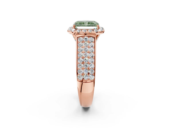 Rose gold Fancy Green Radiant  Halo Round Diamond Pave Band with Prong Setting