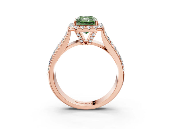 Rose gold Fancy Green Radiant  Halo Round Diamond Pave Band with Prong Setting