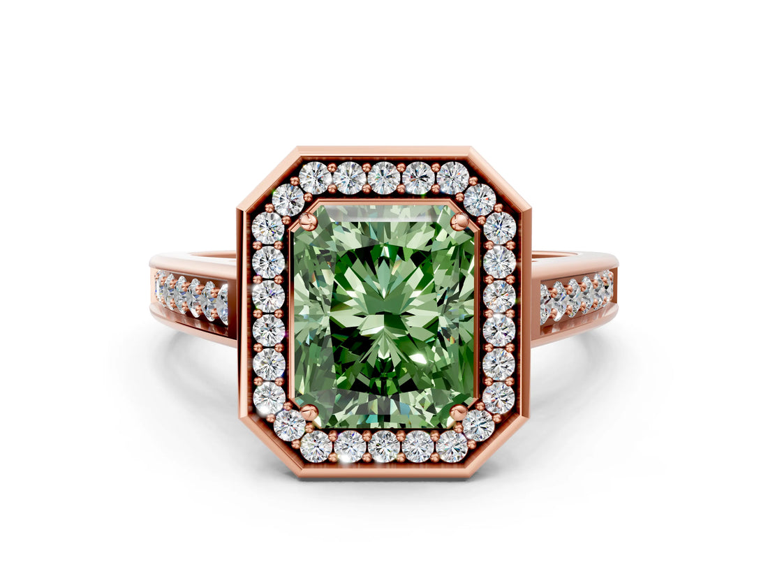 Rose gold Fancy Green Radiant  Halo Solitaire Diamond Ring with Pave Band and Bezel Setting_49