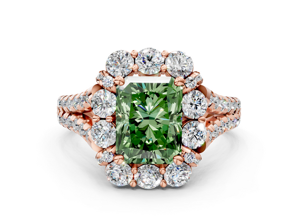 Rose gold Fancy Green Radiant  Halo Split Shank Diamond Engagement Ring with Pave Band and Four-Prong Setting