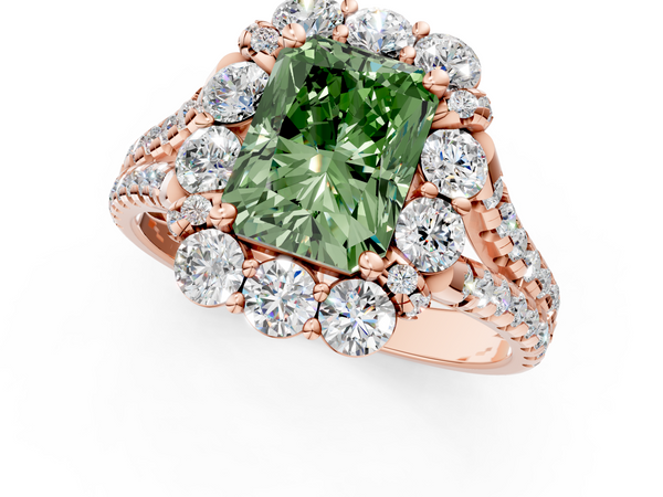Rose gold Fancy Green Radiant  Halo Split Shank Diamond Engagement Ring with Pave Band and Four-Prong Setting