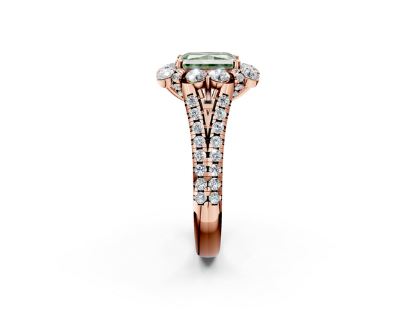 Rose gold Fancy Green Radiant  Halo Split Shank Diamond Engagement Ring with Pave Band and Four-Prong Setting