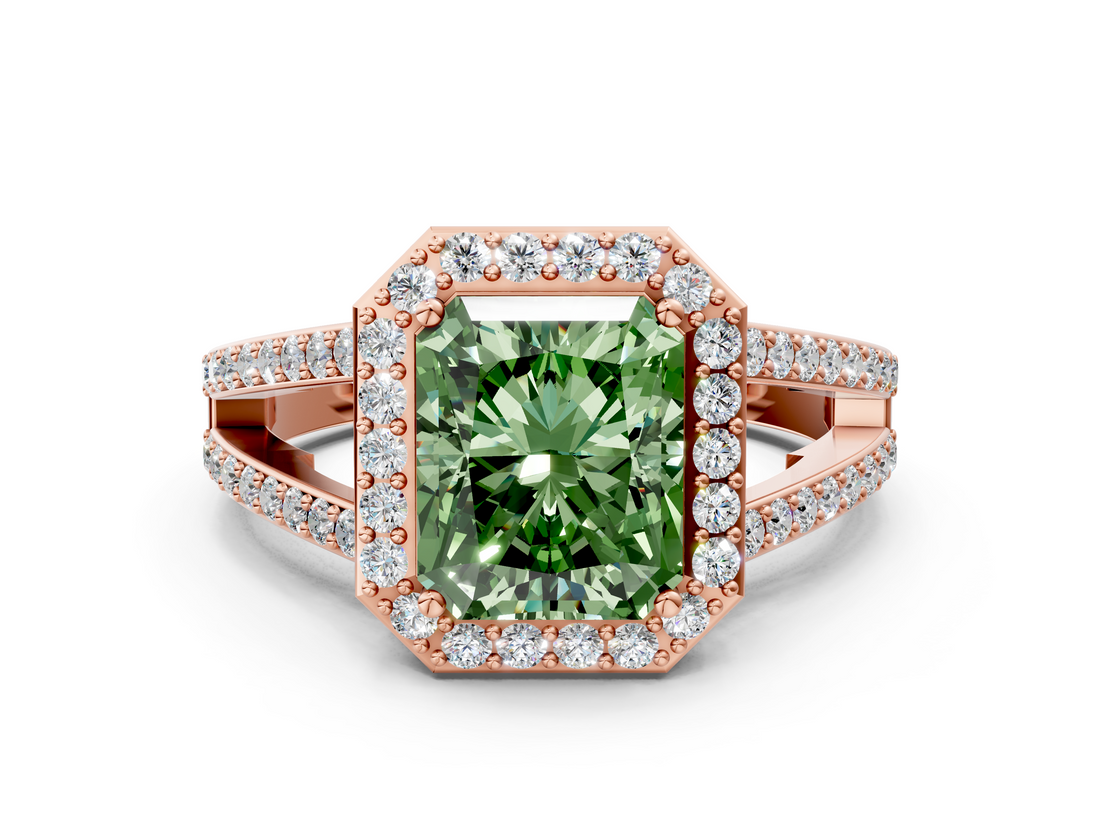 Rose gold Fancy Green Radiant  Halo Split Shank Diamond Ring with Four-Prong Setting_32