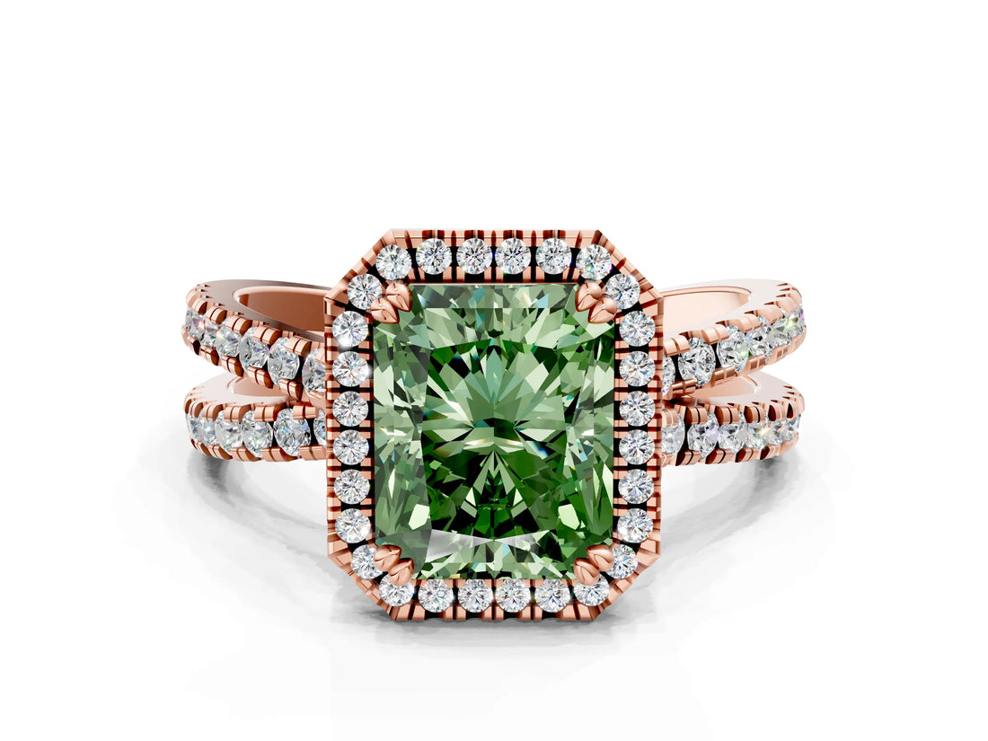 Rose gold Fancy Green Radiant  Halo Split Shank Diamond Ring with Pavé Setting_26