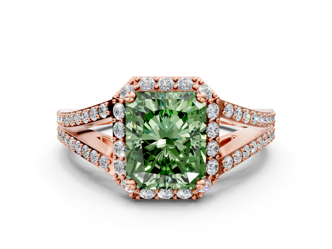 Rose gold Fancy Green Radiant  Halo Split Shank Diamond Ring with Prong Setting_20