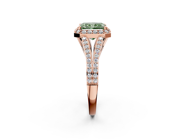Rose gold Fancy Green Radiant  Halo Split Shank Diamond Ring with Prong Setting