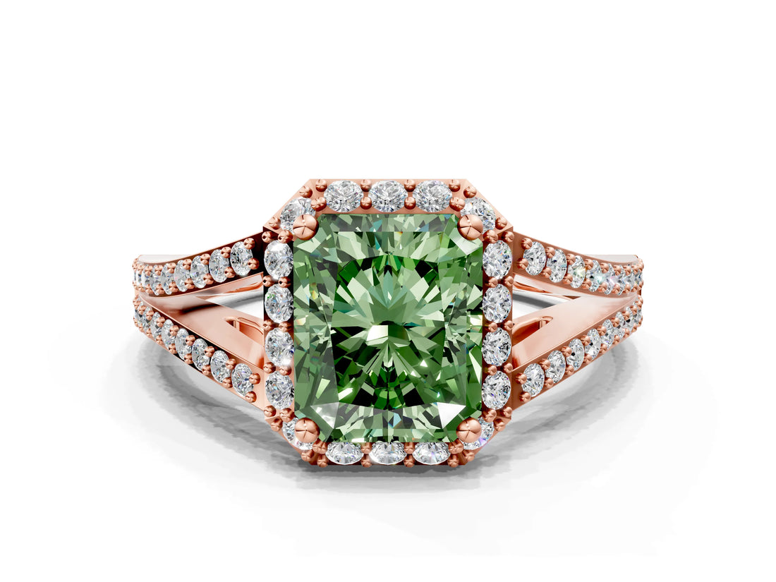Rose gold Fancy Green Radiant  Halo Split Shank Pave Diamond Ring with Four-Prong Setting_49