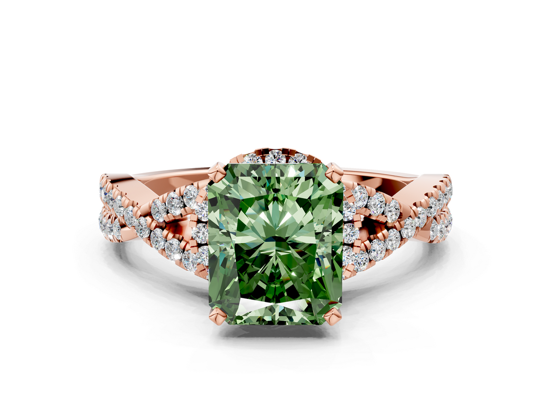 Rose gold Fancy Green Radiant  Halo Twist Band Solitaire Prong Setting Ring_62