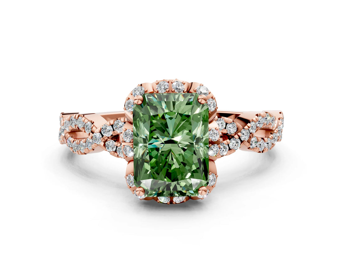 Rose gold Fancy Green Radiant  Halo Twist Band Solitaire Ring with Six-Prong Setting_3
