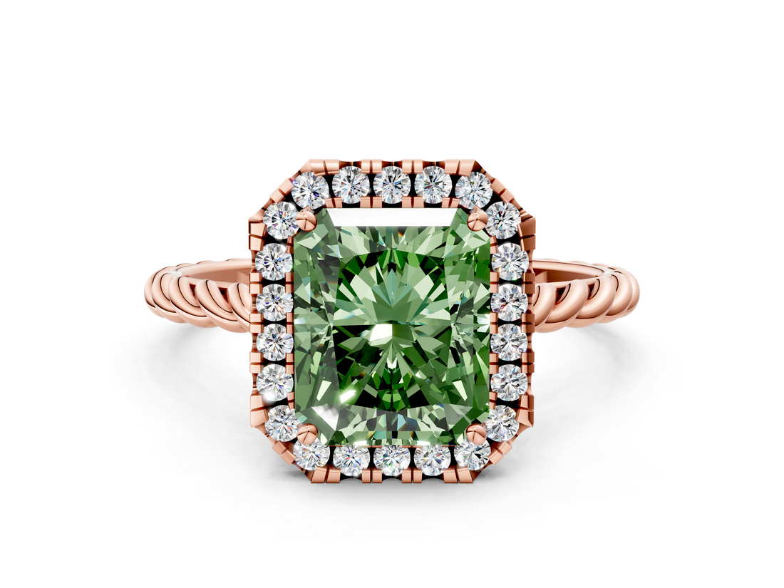 Rose gold Fancy Green Radiant  Halo Twisted Band Four-Prong Diamond Ring_19