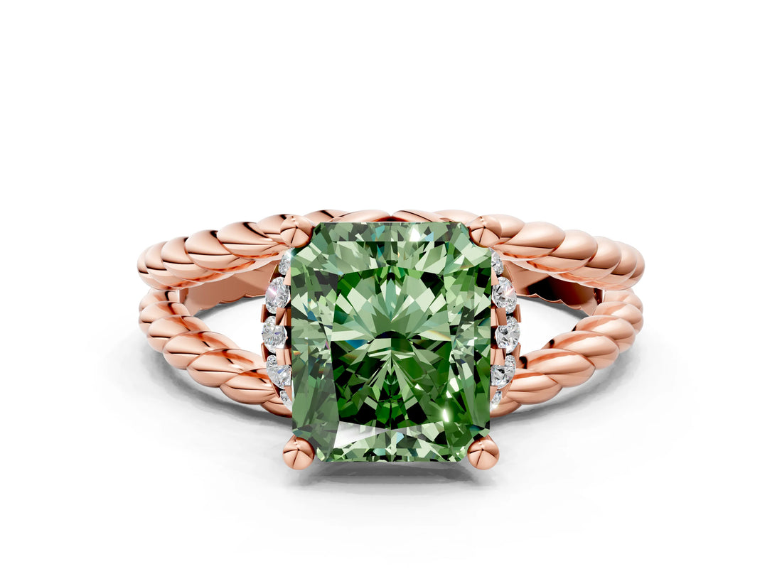 Rose gold Fancy Green Radiant  Halo Twisted Band Four-Prong Ring_31