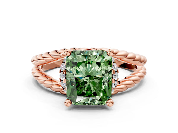 Rose gold Fancy Green Radiant  Halo Twisted Band Four-Prong Ring
