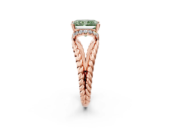 Rose gold Fancy Green Radiant  Halo Twisted Band Four-Prong Ring