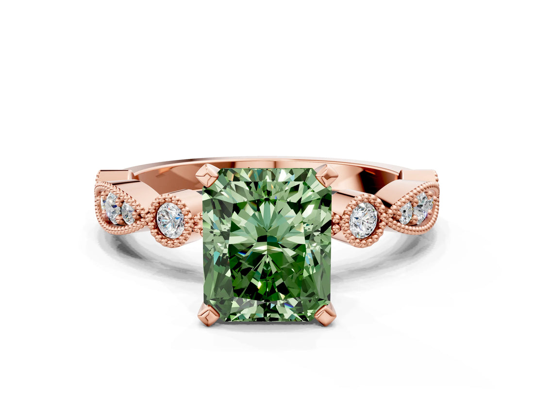Rose gold Fancy Green Radiant  Milgrain Bezel Diamond Engagement Ring with Solitaire Prong Setting_154
