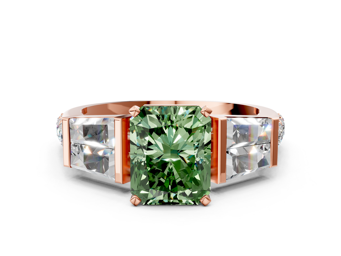 Rose gold Fancy Green Radiant  Solitaire Baguette Side Stone Channel Set Engagement Ring_3