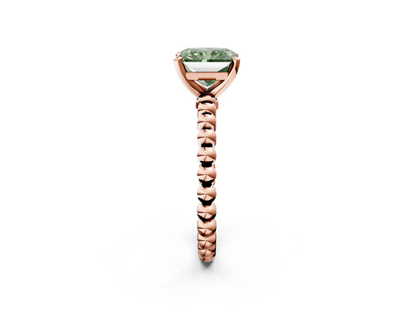 Rose gold Fancy Green Radiant Cut Diamond Solitaire Ring with Beaded Band and Prong Setting