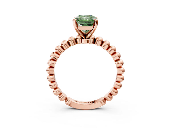Rose gold Fancy Green Radiant Cut Diamond Solitaire Ring with Beaded Band and Prong Setting