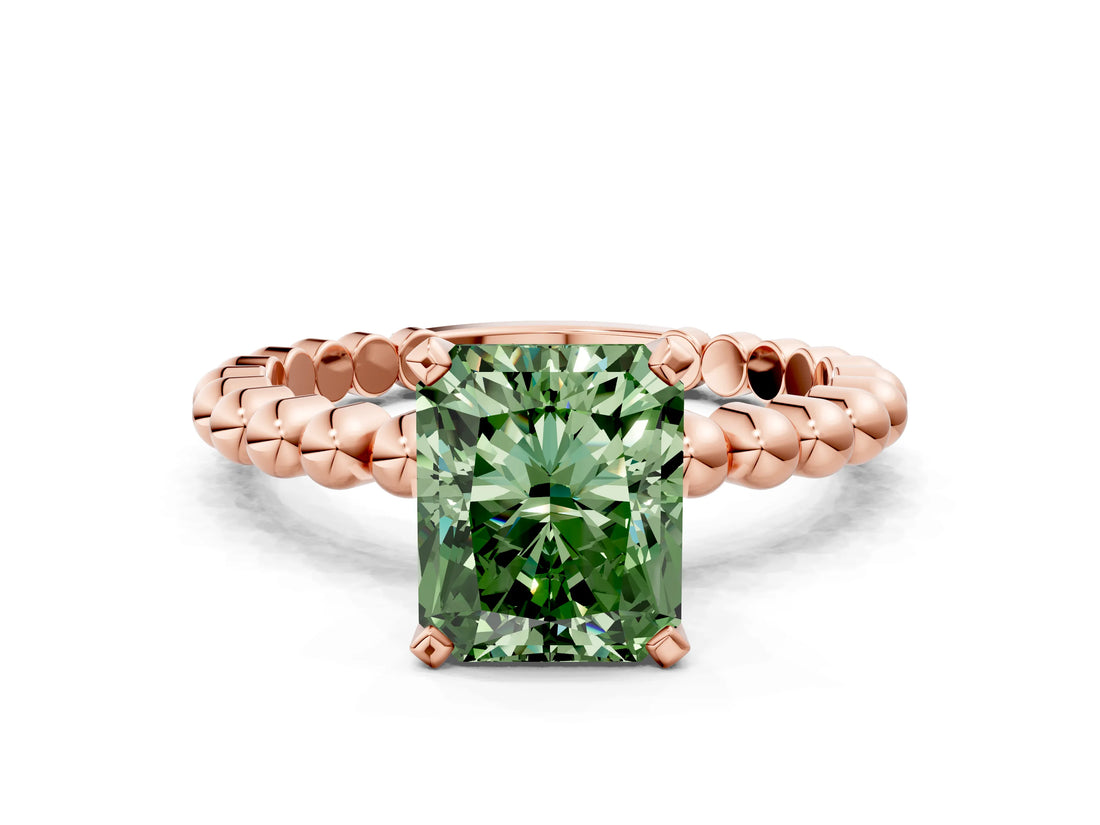 Rose gold Fancy Green Radiant  Solitaire Beaded Band Prong Setting Ring