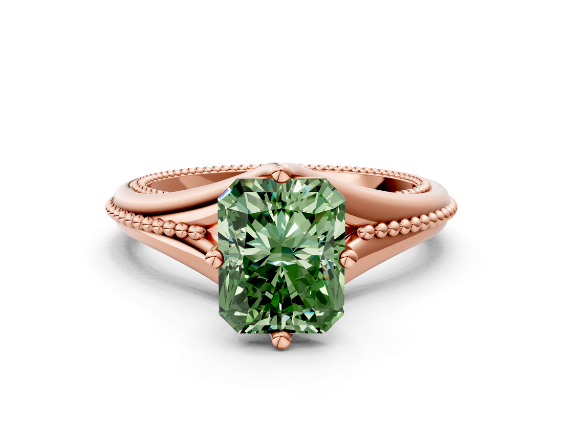 Rose gold Fancy Green Radiant  Solitaire Beaded Band Six-Prong Setting