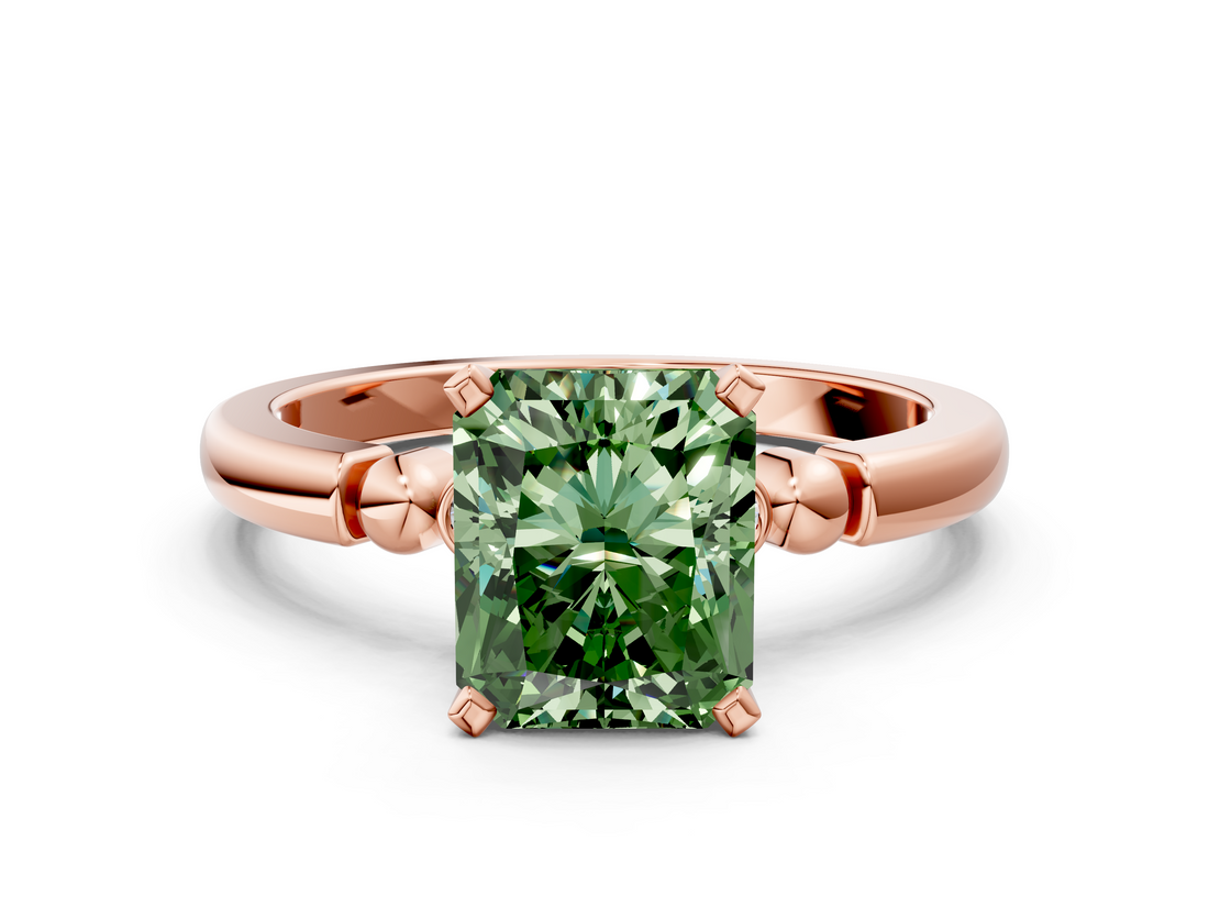 Rose gold Fancy Green Radiant  Solitaire Beaded Band with Four-Prong Setting_52