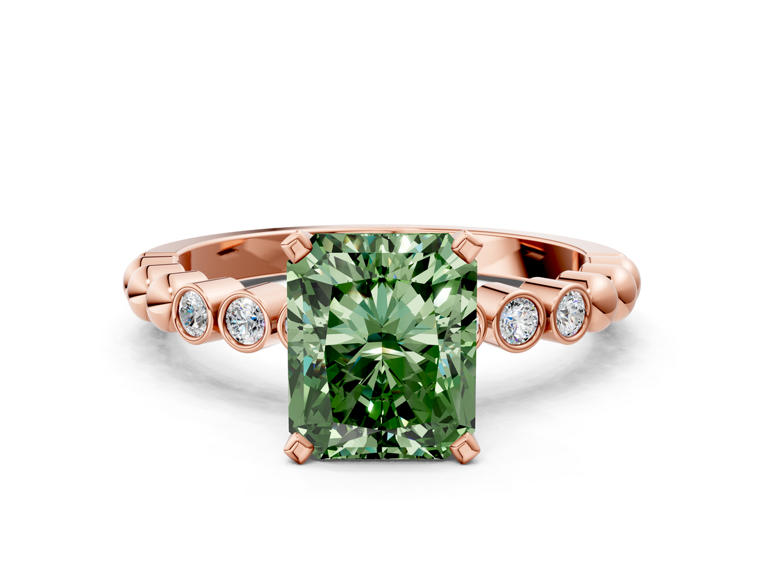 Rose gold Fancy Green Radiant  Solitaire Bezel Accent Diamond Engagement Ring with Beaded Band and Four-Prong Setting_24