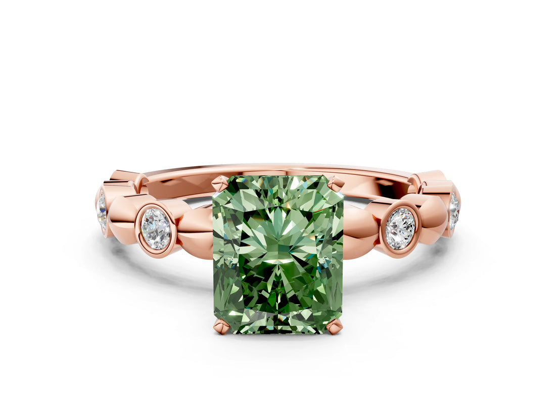 Rose gold Fancy Green Radiant  Solitaire Bezel-Set Diamond Ring with Beaded Band and Four-Prong Setting_32