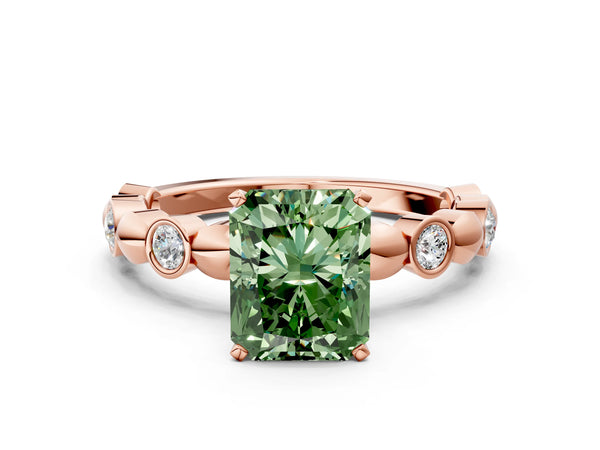 Rose Gold Radiant Cut Engagement Ring Setting for Fancy Green Center with Bezel Station Beaded Band